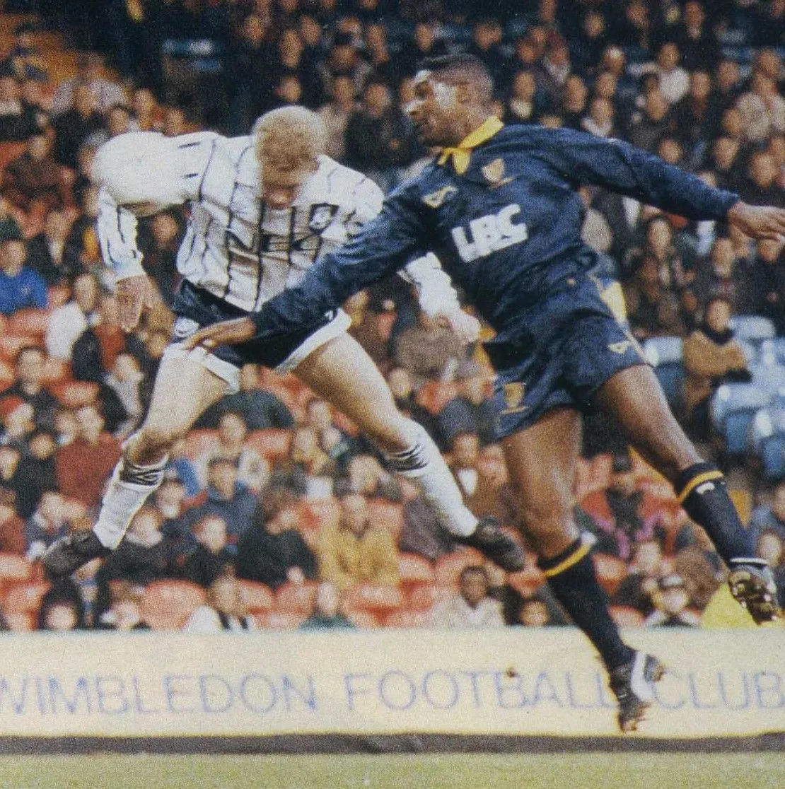 3942 27.11.93  Barlow v Wimbledon (A)  Stuart Barlow heads his second goal of season during a...webp