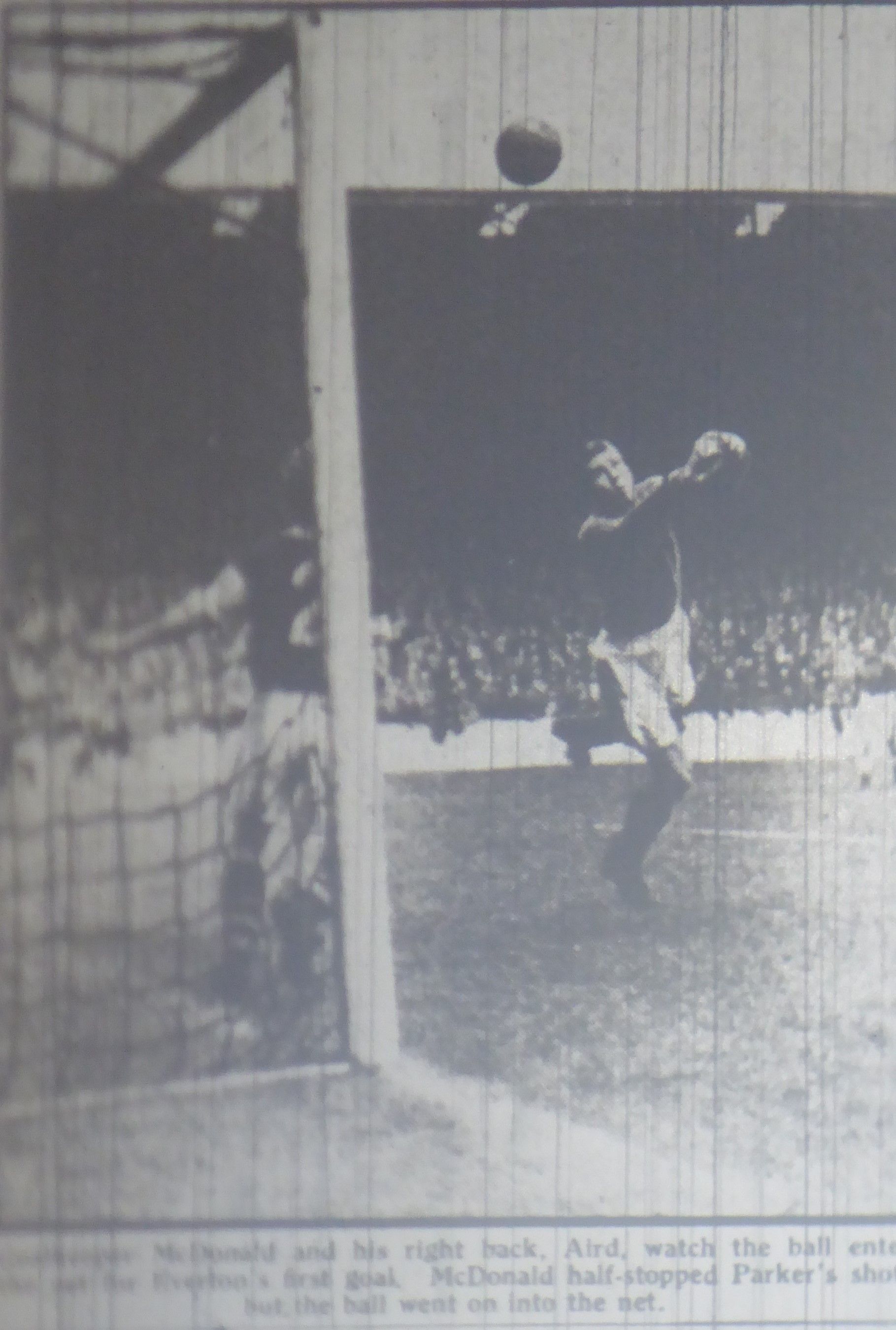 504 04.09.54 Parker v Burnley (A) Burnley keeper,Colin McDonald gets his hands to a shot from ...JPG