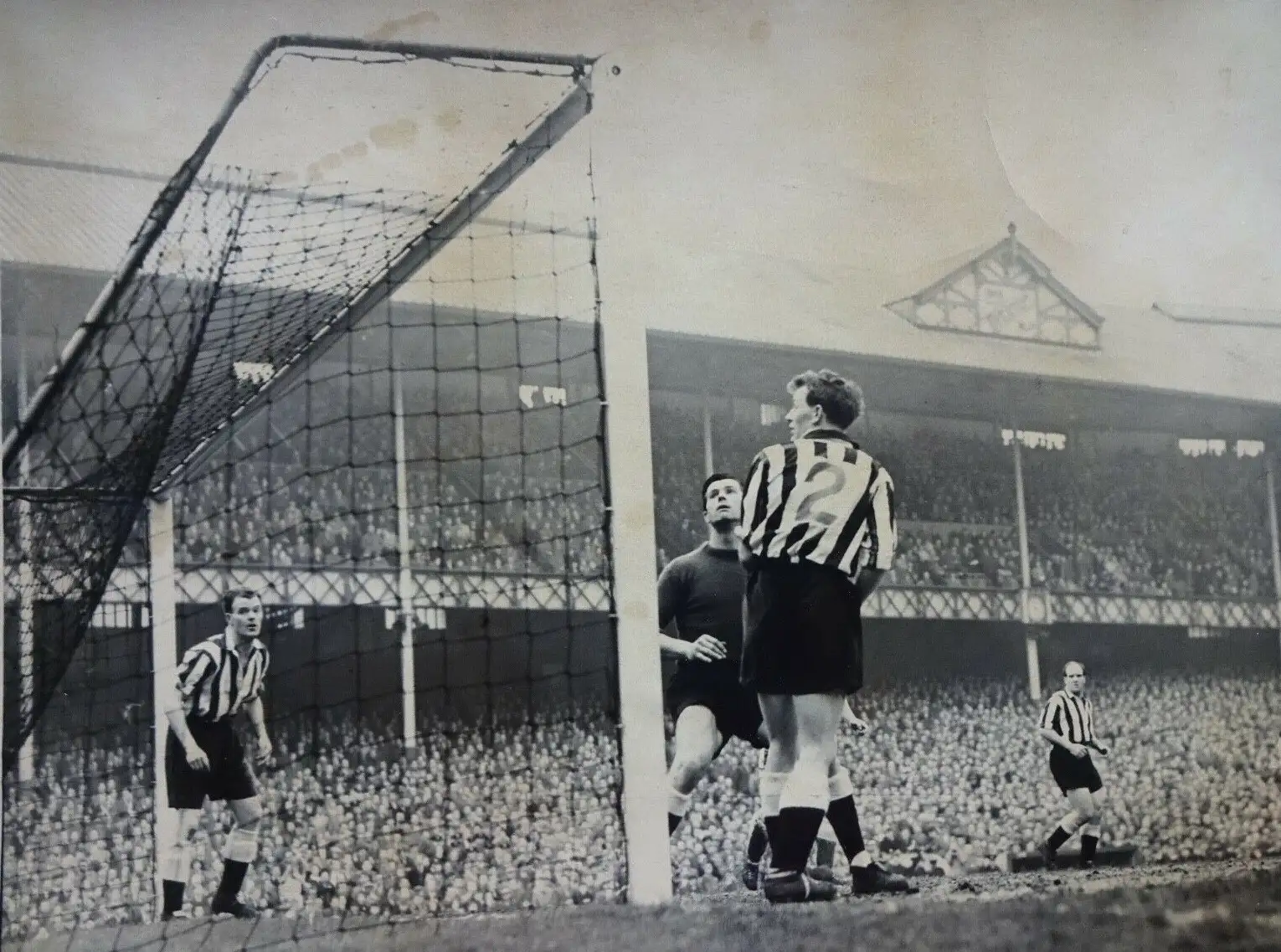 532 30.03.57  McNamara v Newcastle (H) Newcastle keeper, Stewart Mitchell, can only watch as ...webp