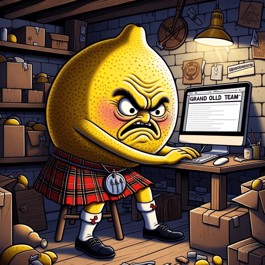DALL·E 2023-10-18 22.52.41 - Cartoon_ A disgruntled lemon, donned in a Scottish kilt, in a clu...png