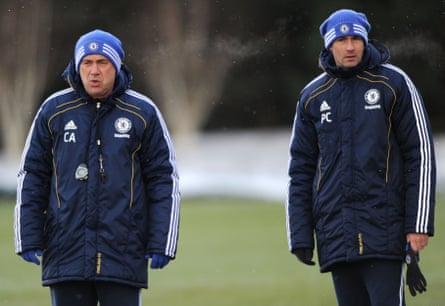 Ancelotti and Paul Clement together during a training session at Chelsea.
