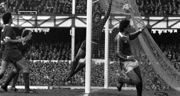 Everton’s Imre Varadi wheels away in celebration after beating Liverpool goalkeeper Ray Clemence to put Everton 2-0 up in their 1981 FA Cup fourth round tie at Goodison Park. Photograph: Bob Thomas/Getty Images