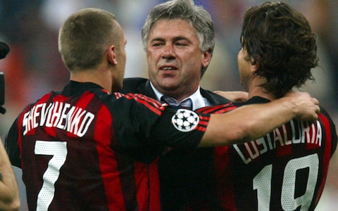 Carlo Ancelotti celebrates with Andriy Shevchenko and Alessandro Costacurta