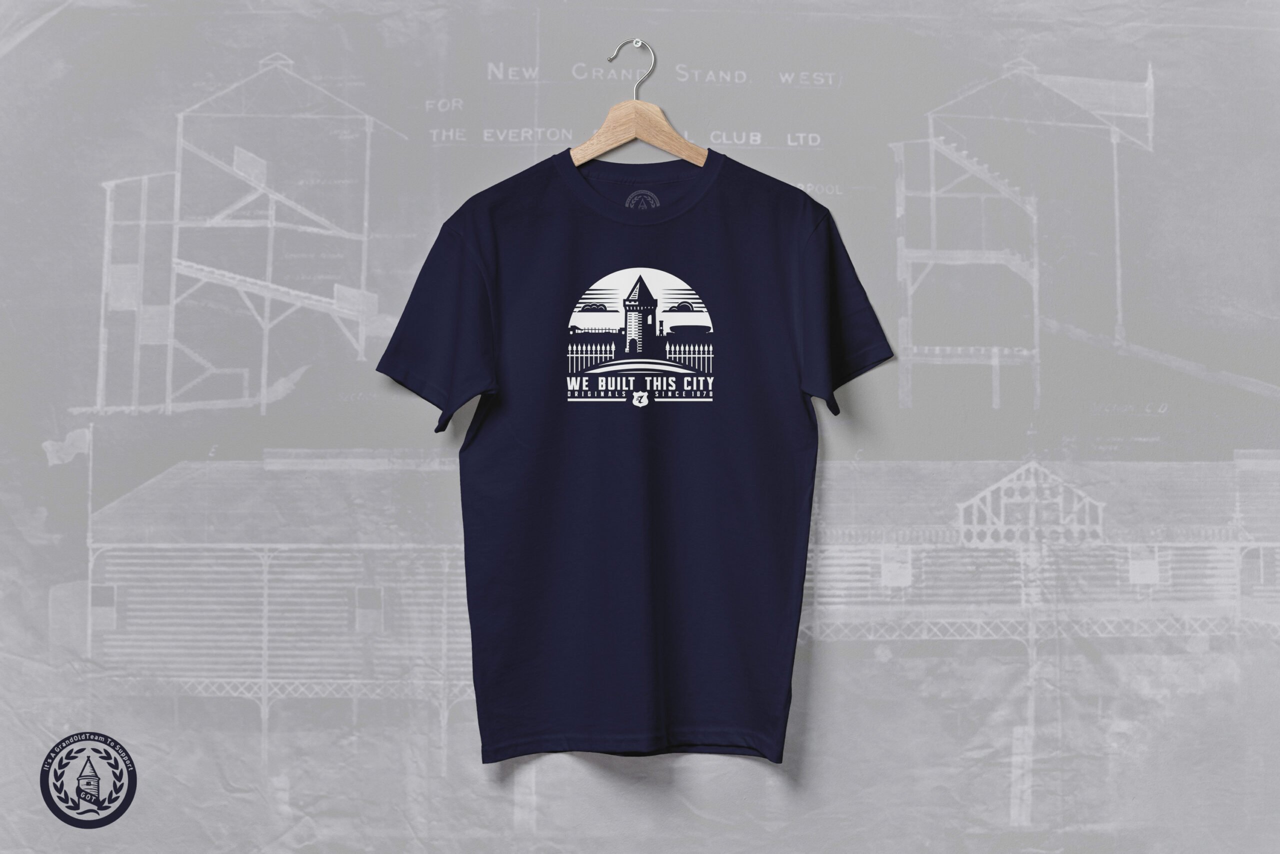 Everton t-shirt showing graphic "we built this city"