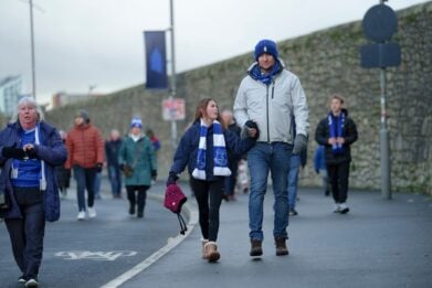 Everton fans walking to Hill Dickinson Stadium